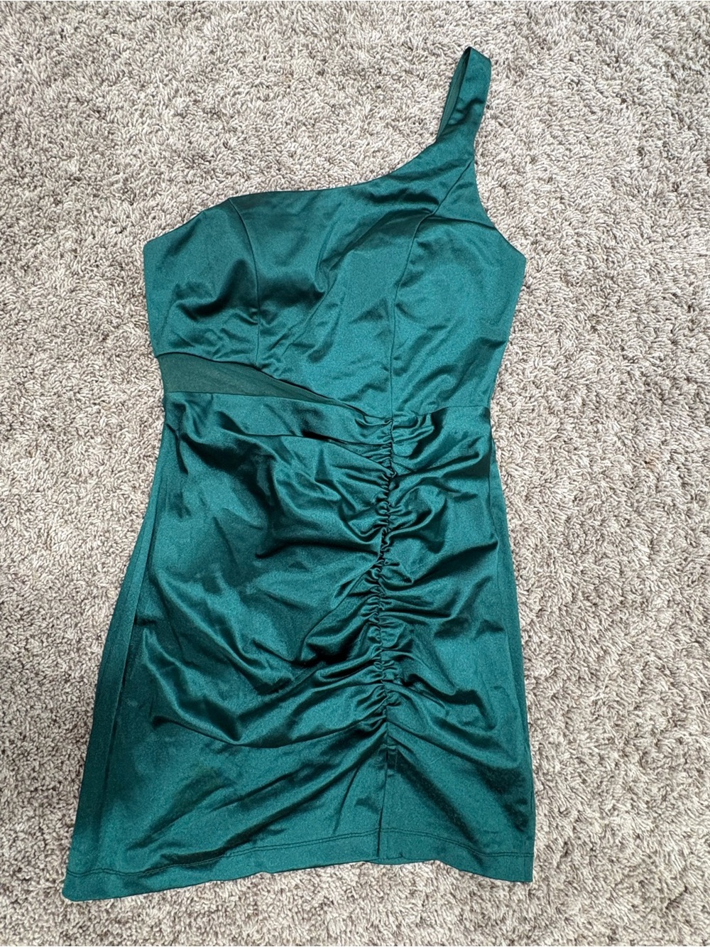 Windsor Green One-Shoulder Ruched Satin Mini Dress